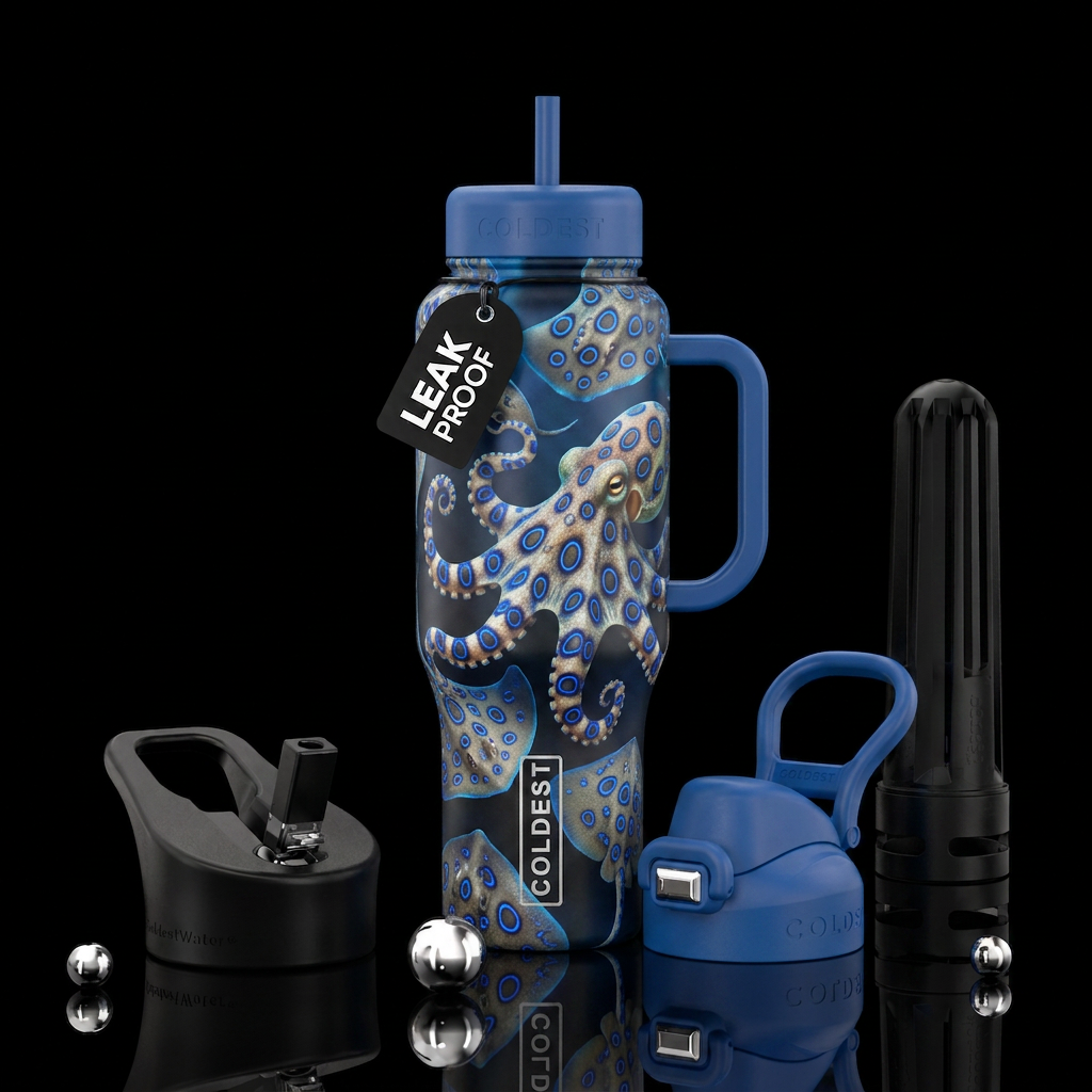 Blue ring stingray and octopus water bottle design