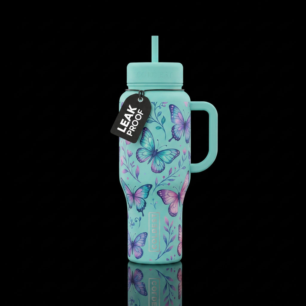 gentle, whimsical, butterfly water bottle design