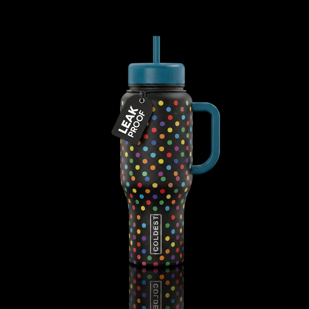 Multi-colored polka dots water bottle design