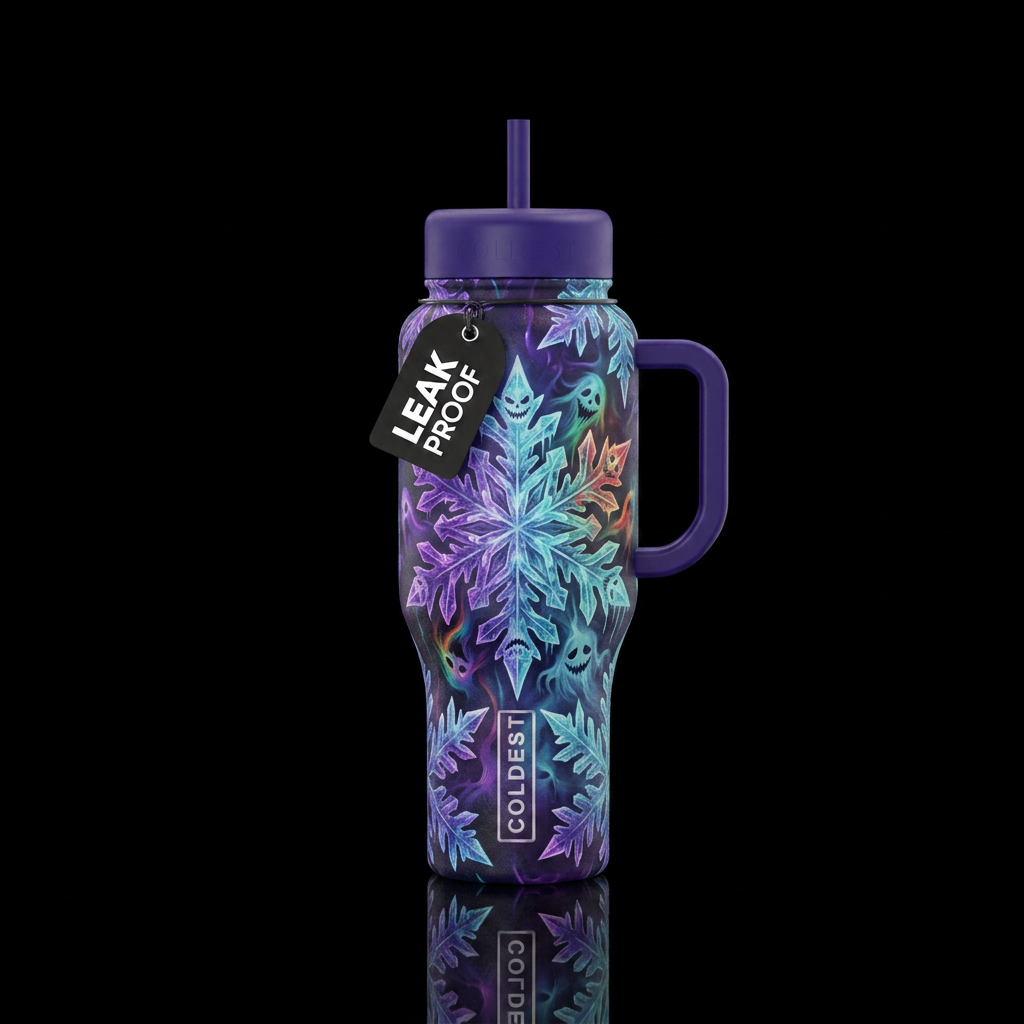 Haunted snowflake water bottle design