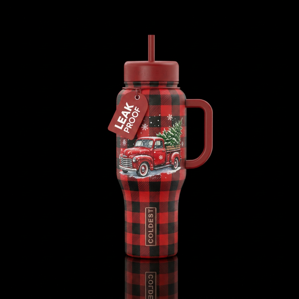 classic truck with a Christmas Tree in the back, B... water bottle design