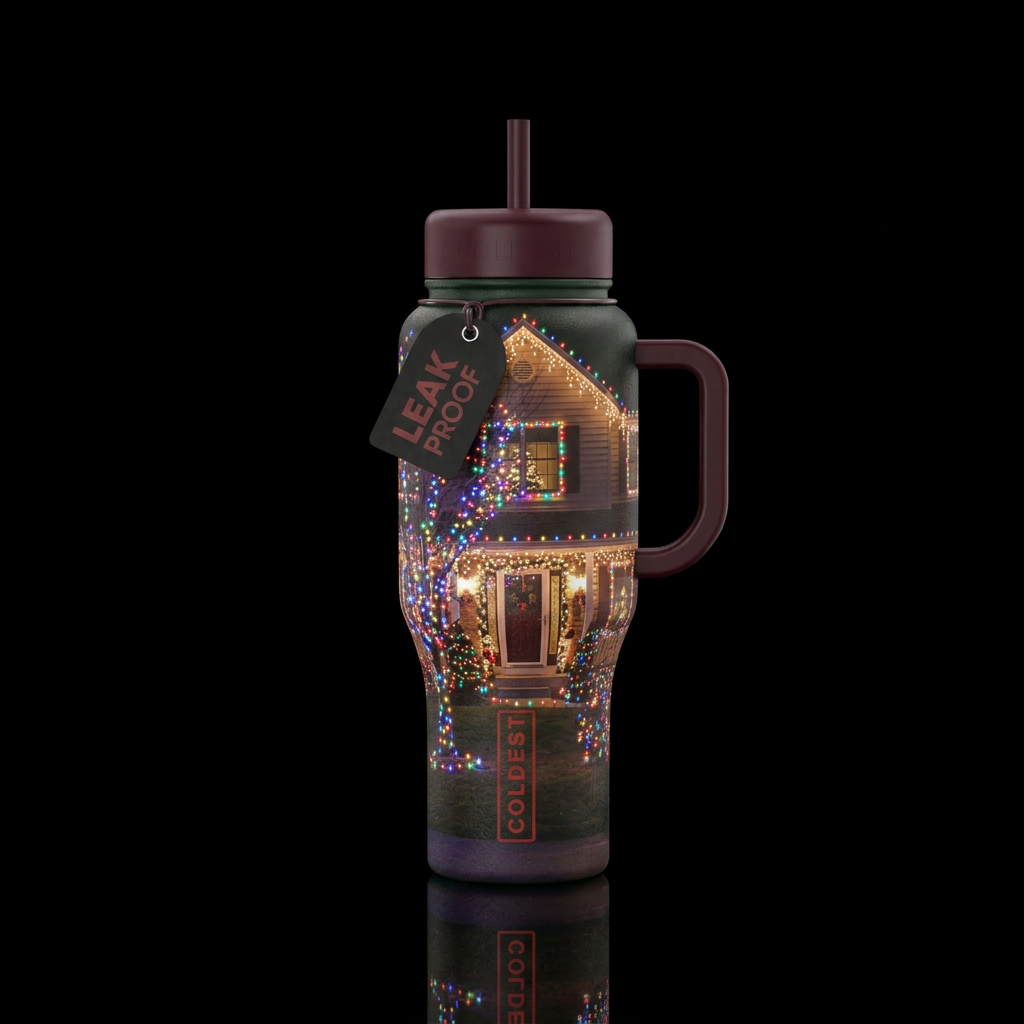 House decorated in Christmas lights water bottle design