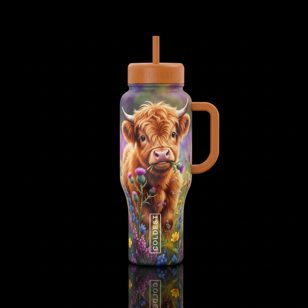 Baby Highland cow water bottle design