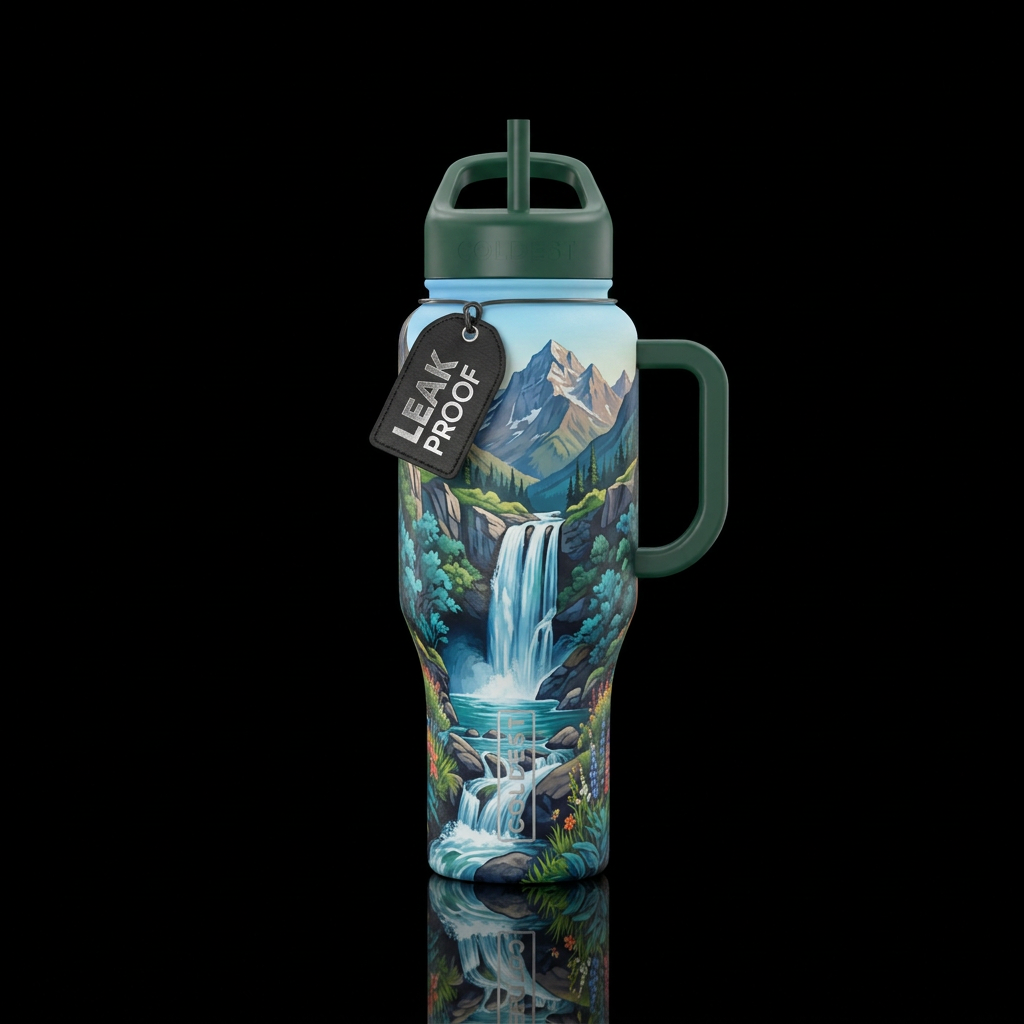 Mountain waterfall water bottle design