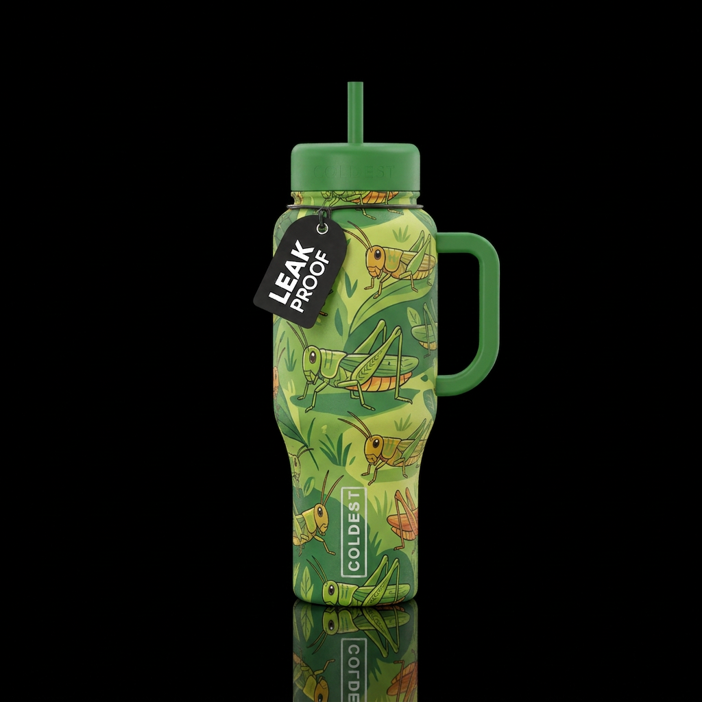 whimsical, grasshopper water bottle design