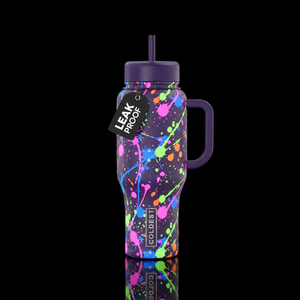 Glowie neon paint splatter water bottle design