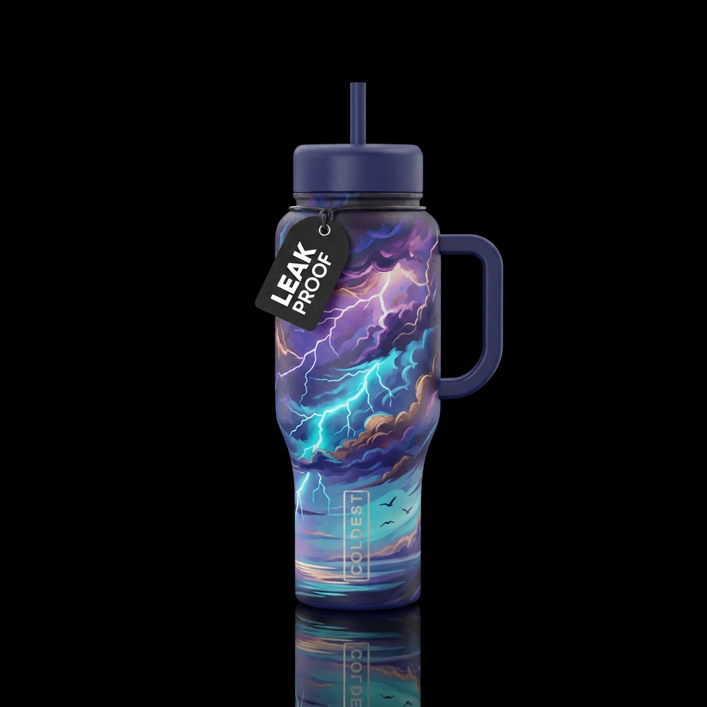 peaceful, thunderstorm water bottle design