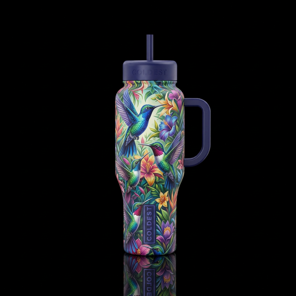 hummingbird, vibrant water bottle design