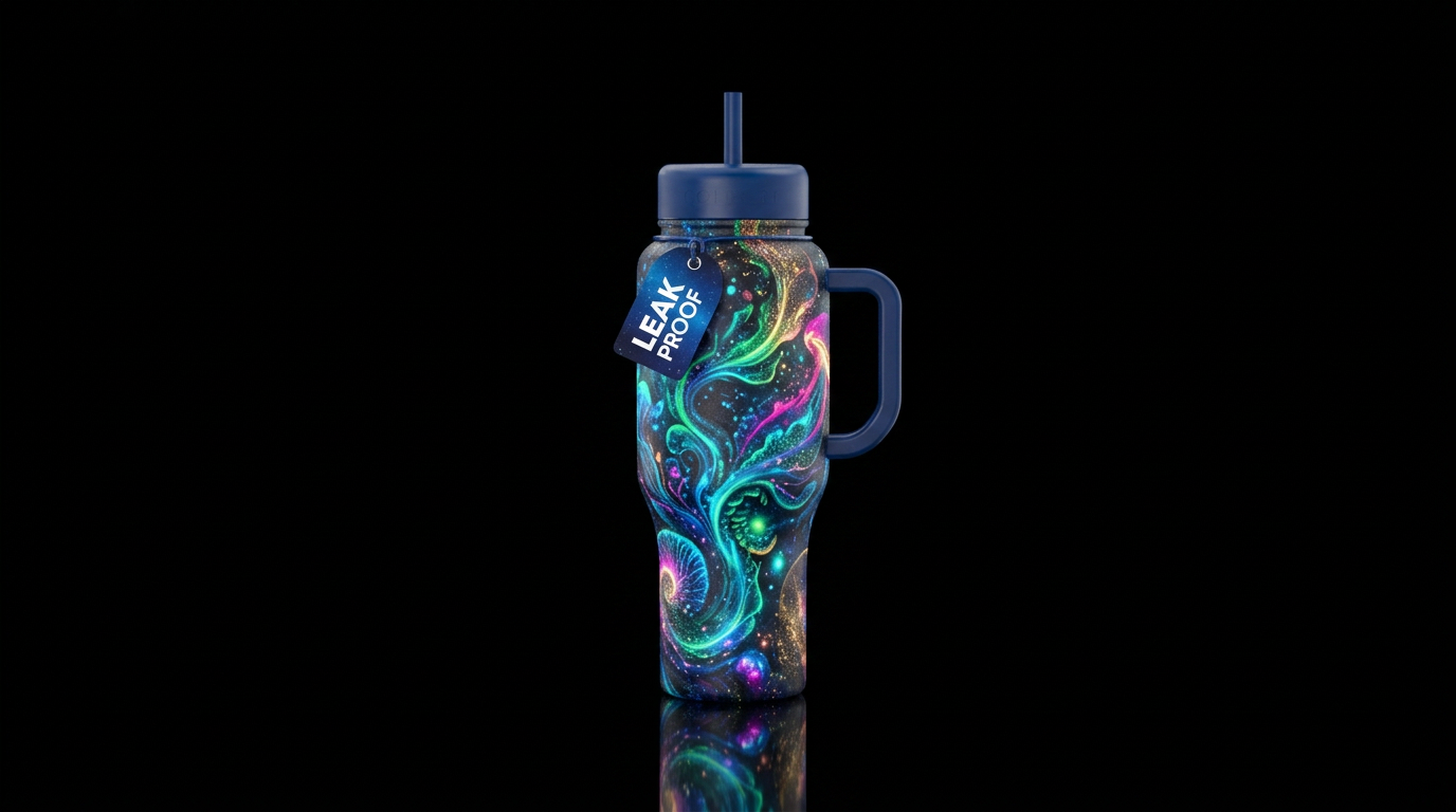 bioluminescent, vibrant, magical water bottle design