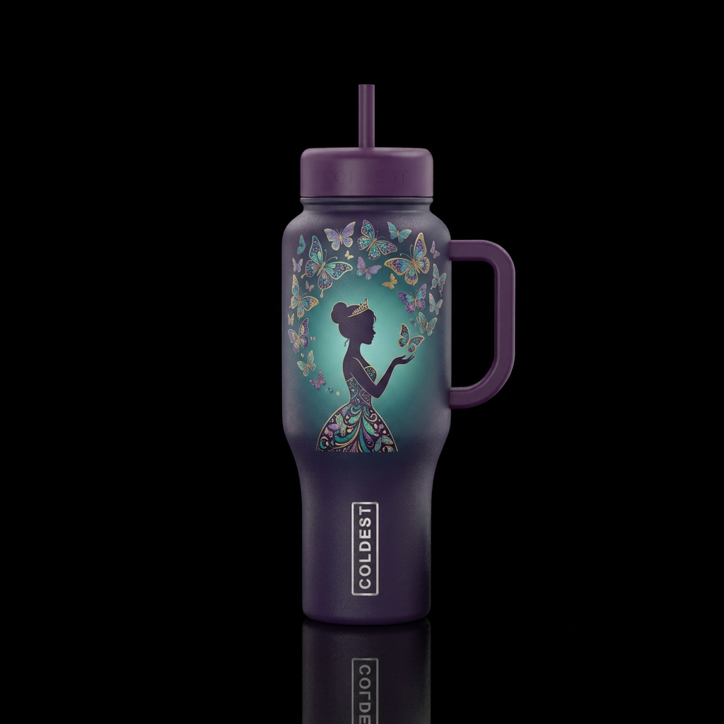 Princess silhouette releasing butterflies from her... water bottle design