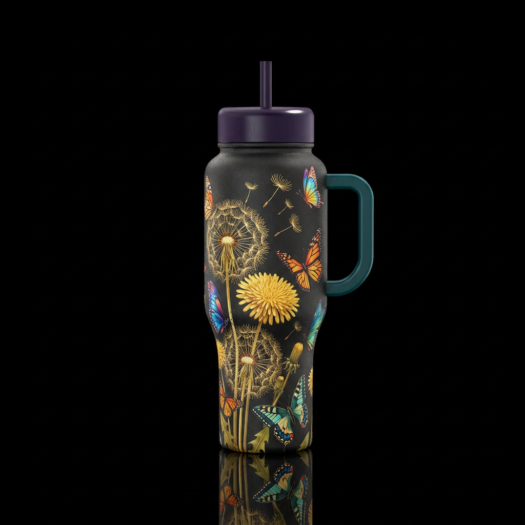 Dandelions and butterflies water bottle design