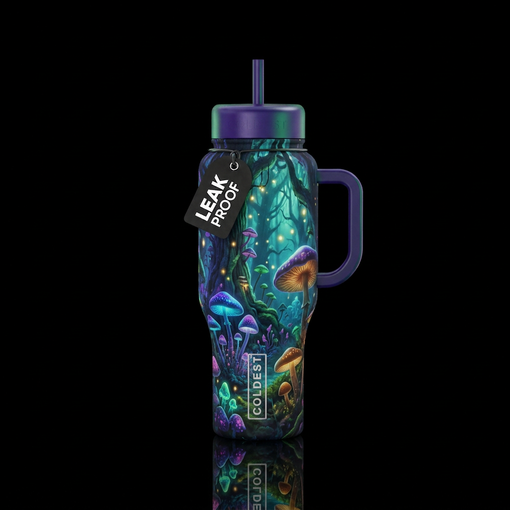 mushroom forest, magic, glowie water bottle design