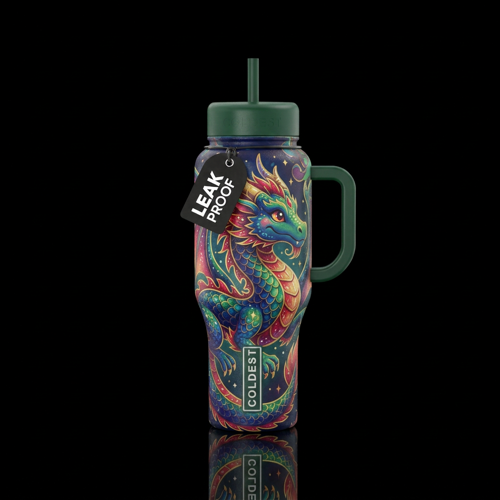 whimsical, dragon water bottle design
