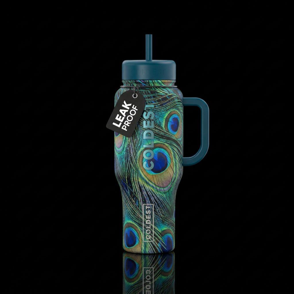 Peacock feather water bottle design