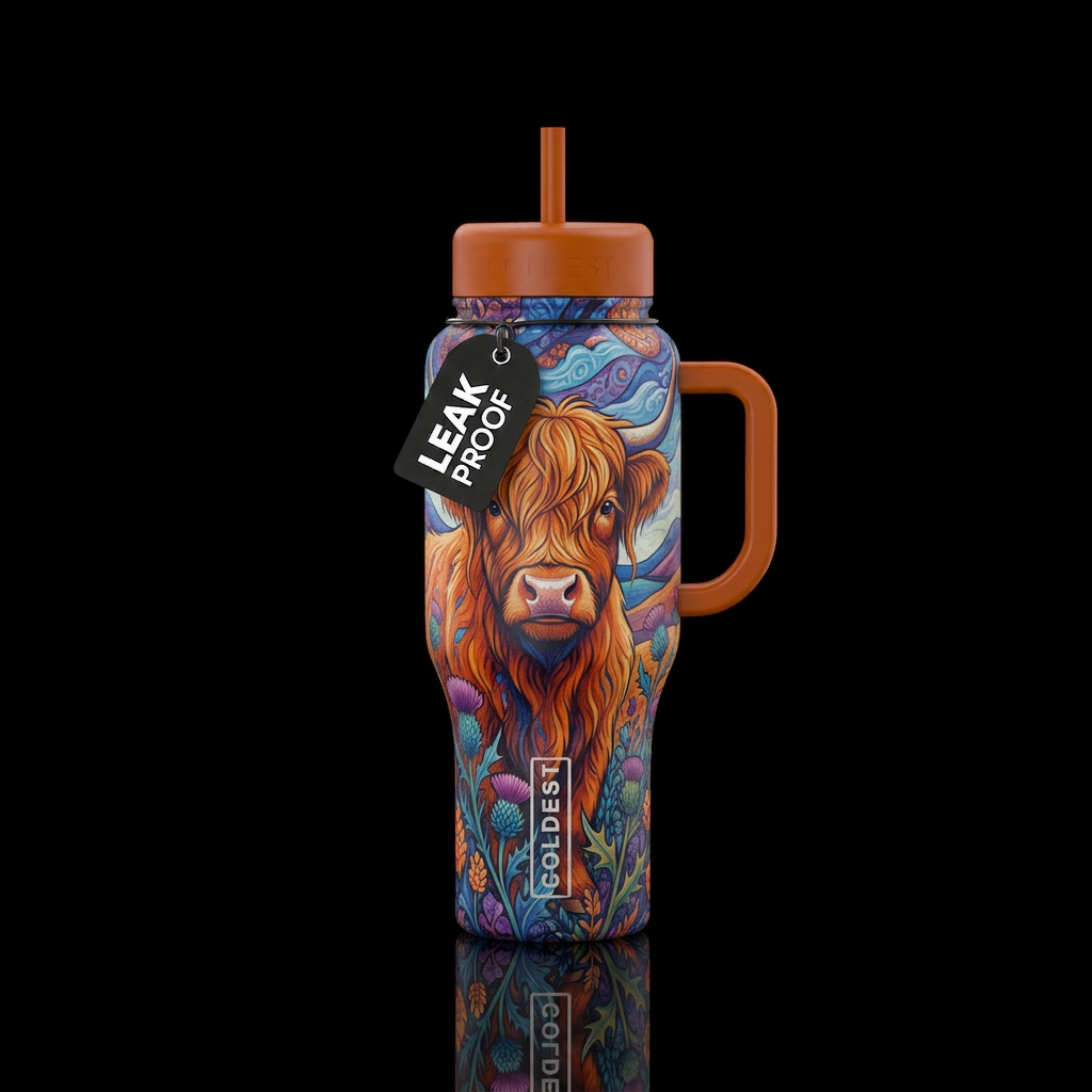 Highland cow water bottle design