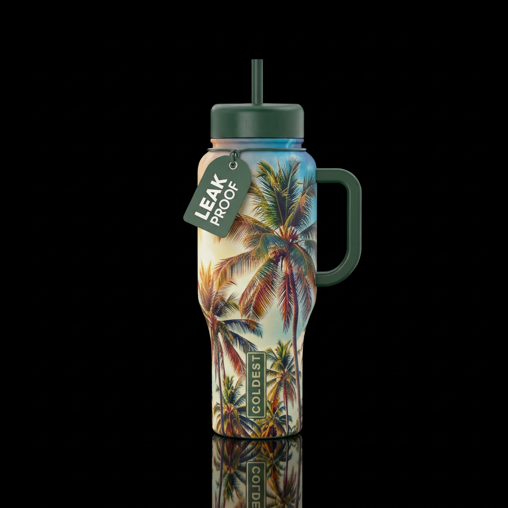 palm trees, beautiul, vibrant water bottle design