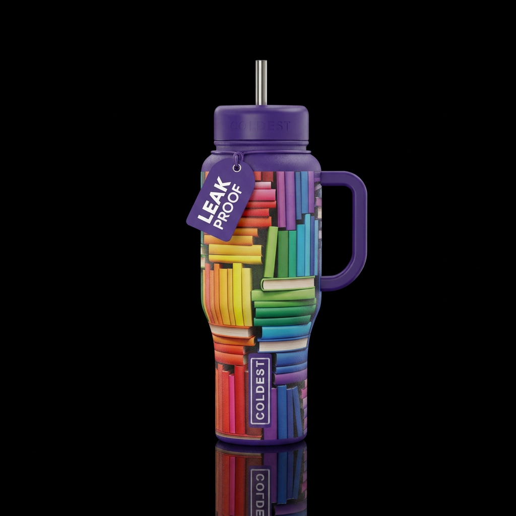 Rainbow of books water bottle design