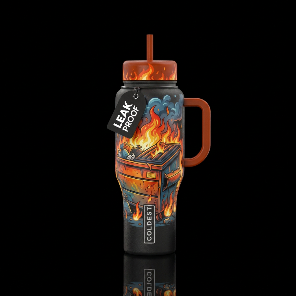 Dumpster fire water bottle design