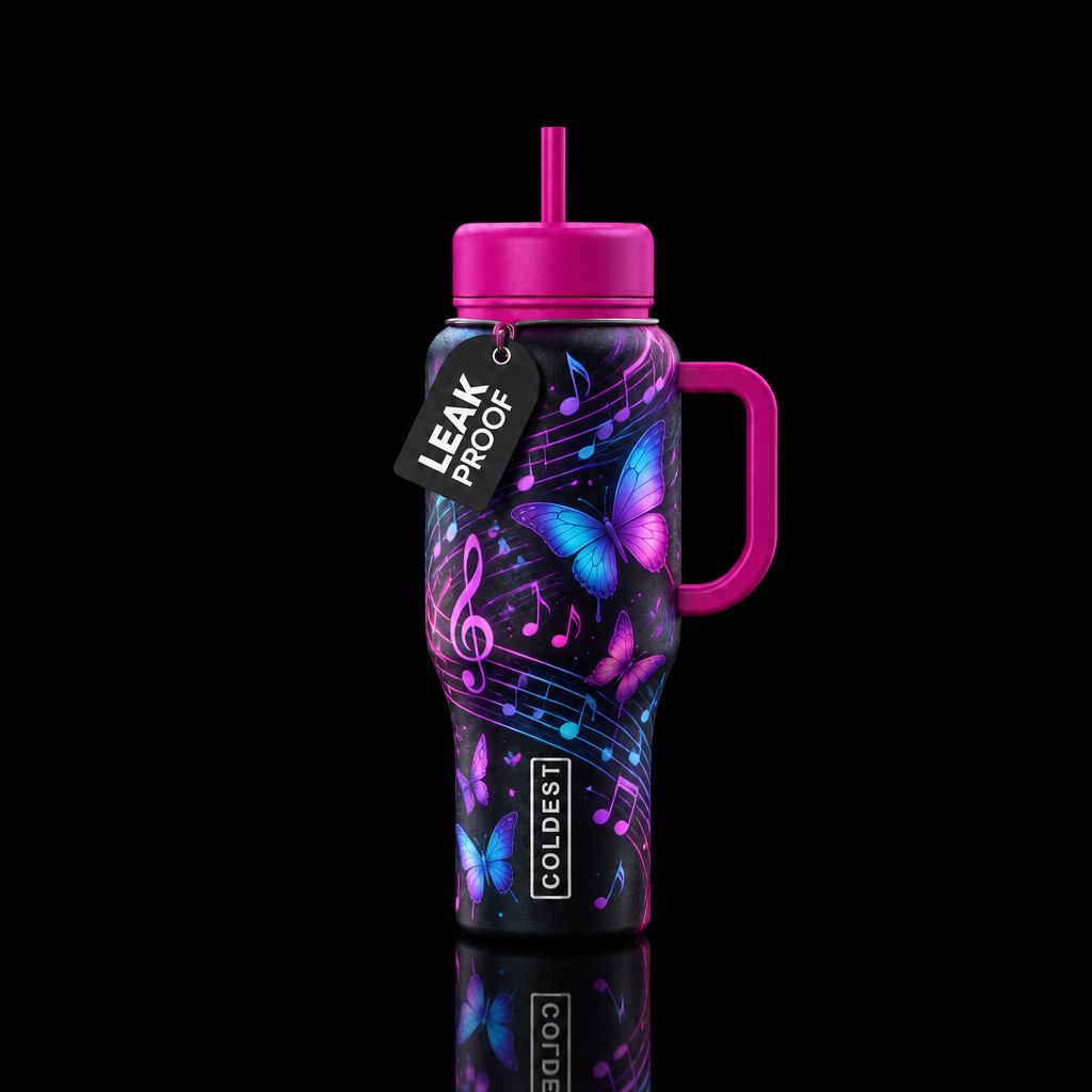 Music notes and butterflies water bottle design