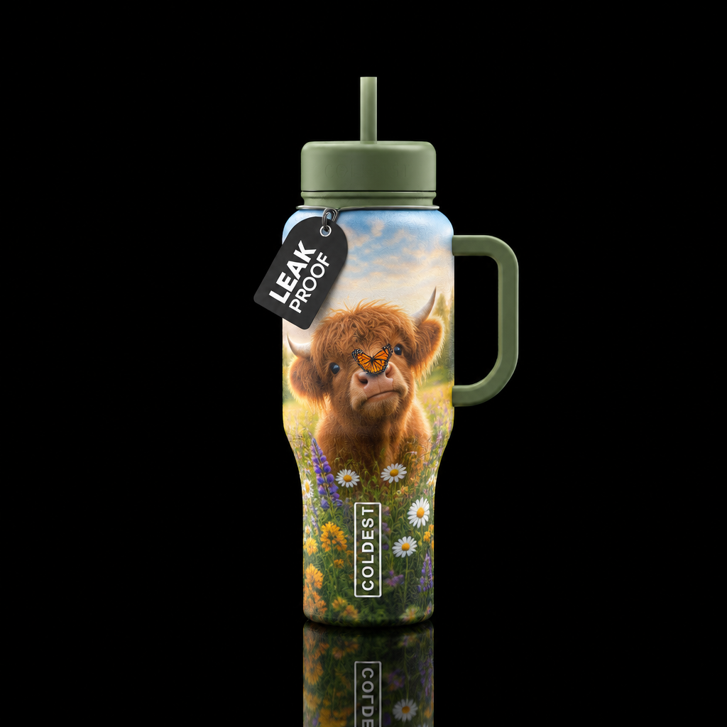 Baby Highland cow in a field of wildflowers with a... water bottle design