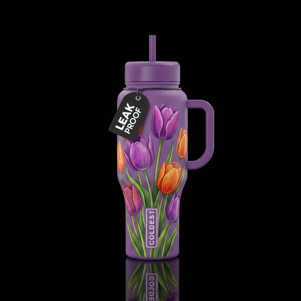 A bottle with purple and orange tulips water bottle design