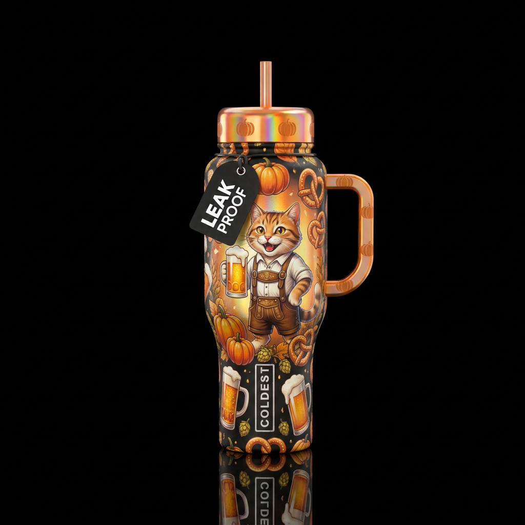 oktoberfest, beer, pretzels,  vibrant, cat, inbued... water bottle design