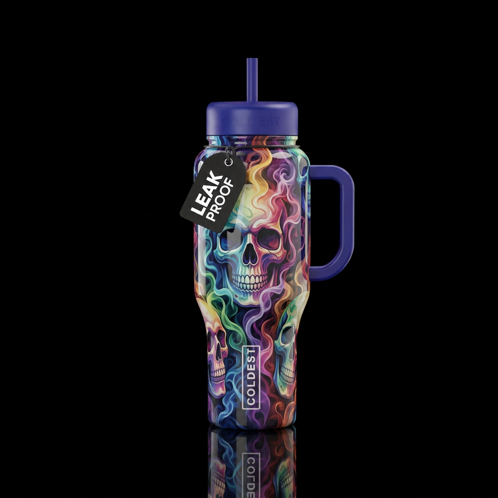 Skulls, smoke, multi-colored water bottle design