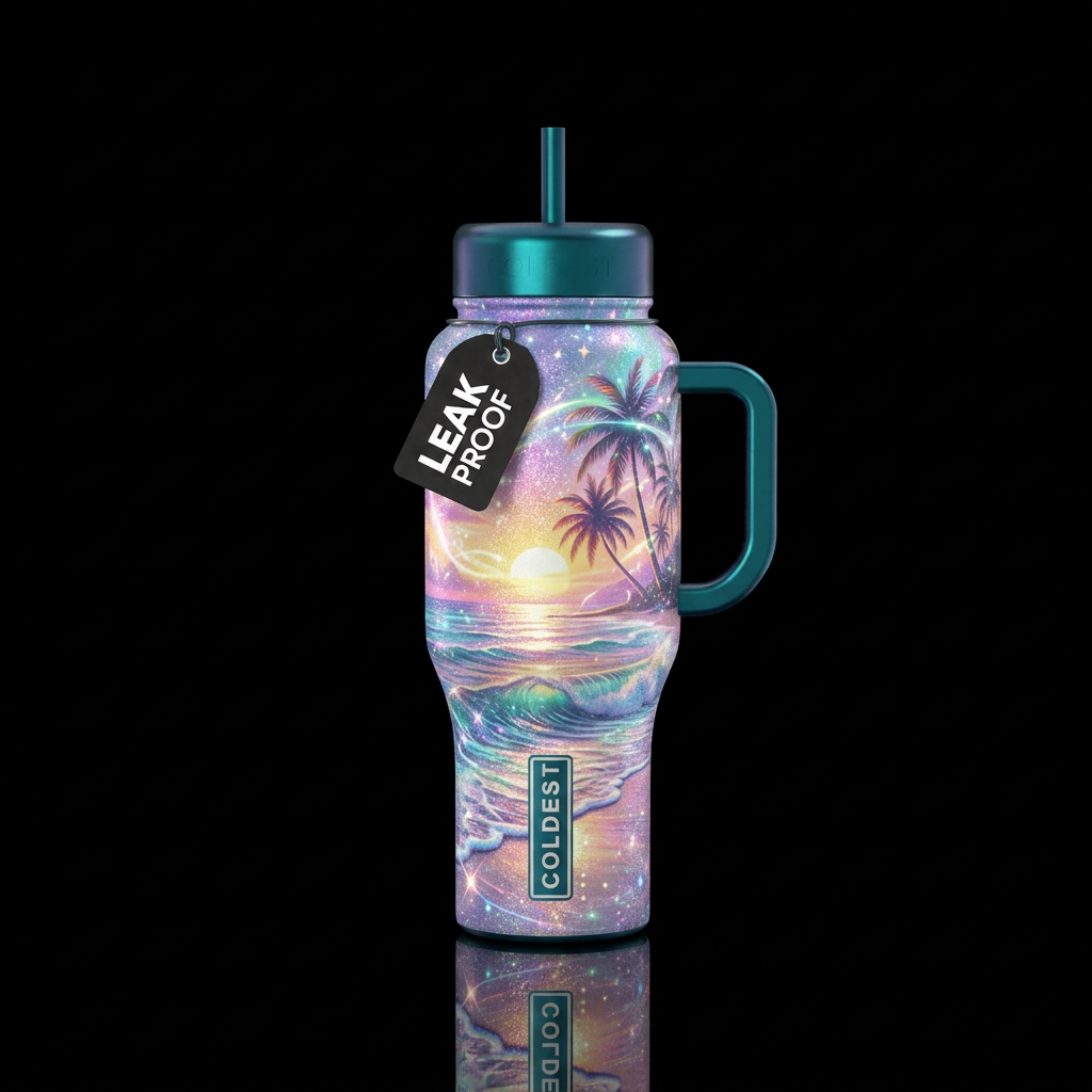 sparkly, magical, beautiul, beach, palm tree,, irr... water bottle design