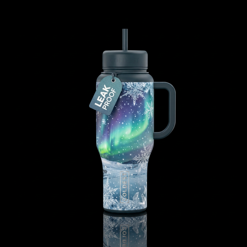 Aurora, snow, winter, sparkly, ice water bottle design