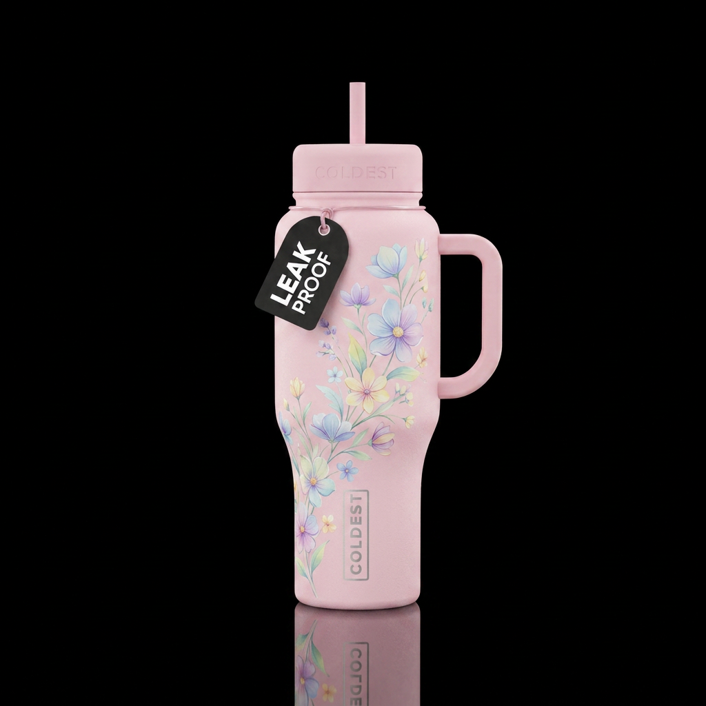 Pale pink bottle with delicate pastel flower strea... water bottle design
