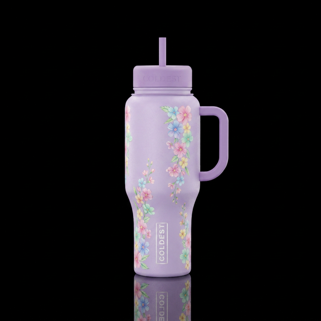 A light purple bottle with pastel flowers streamin... water bottle design