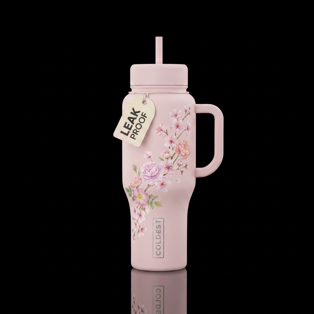 Pale pink bottle with delicate pastel flower strea... water bottle design