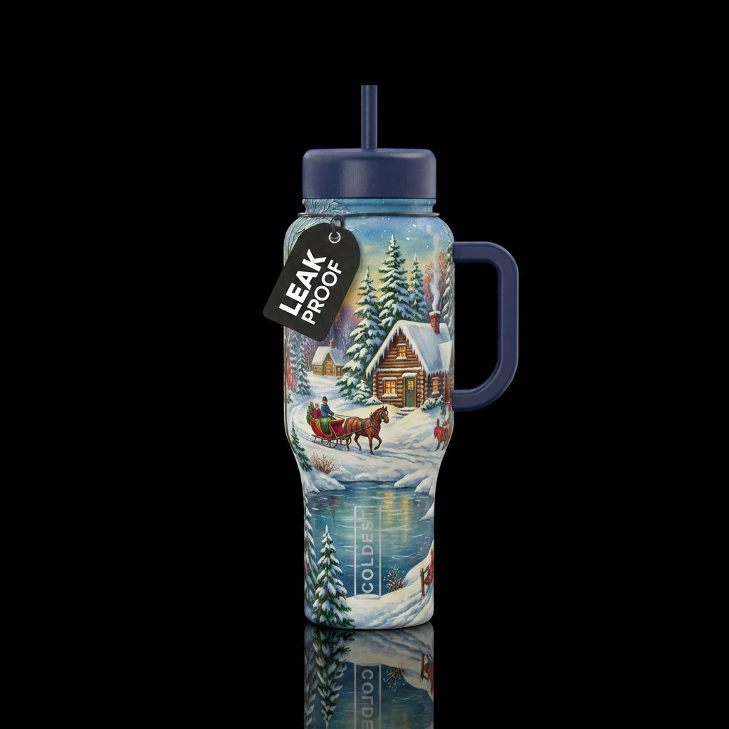 Vintage winter seen, snowy day. water bottle design