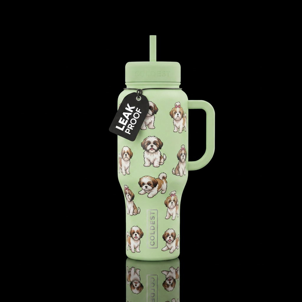 Pale green bottle with shihzu pupies water bottle design
