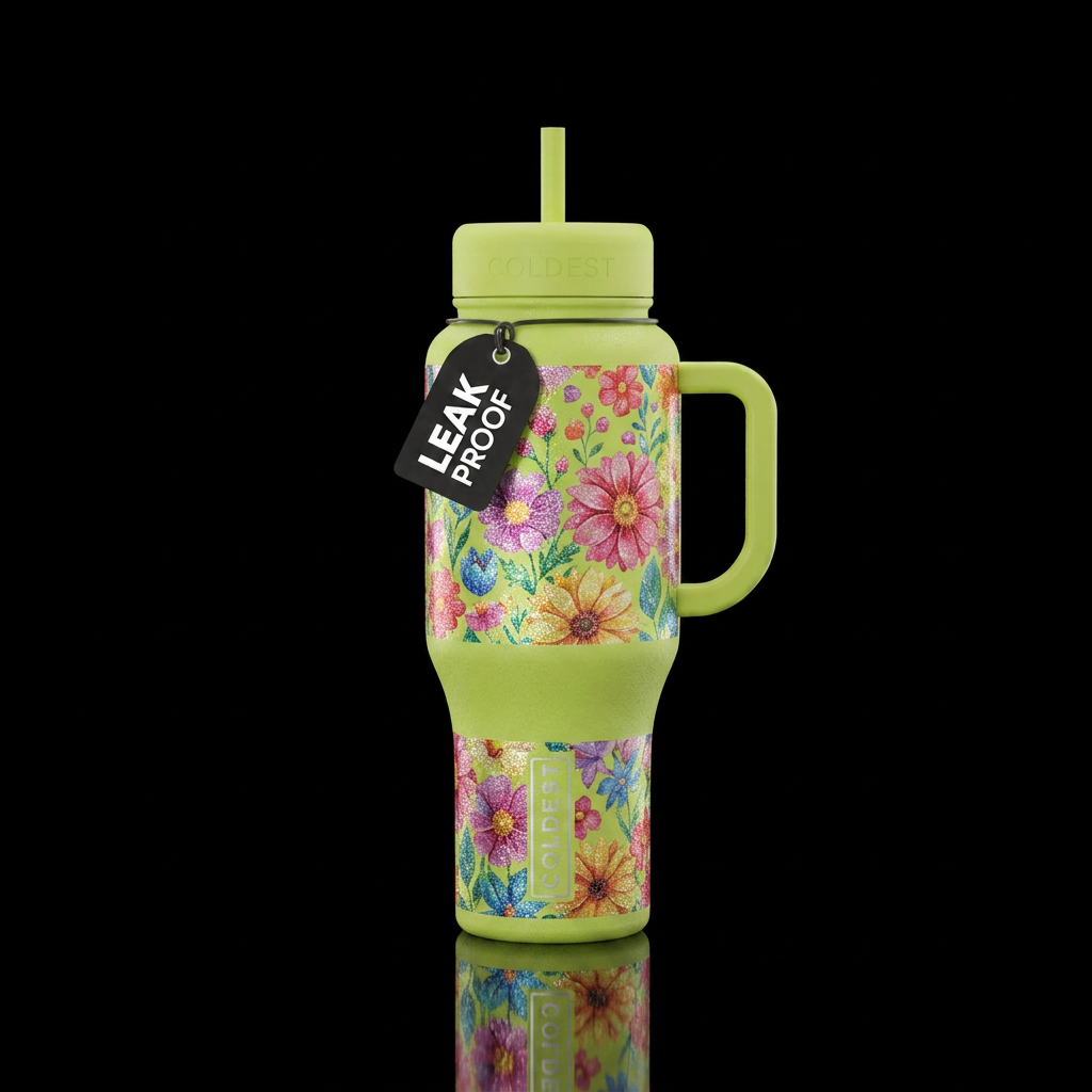 Key lime bottle with beautiful garden flowers  wit... water bottle design