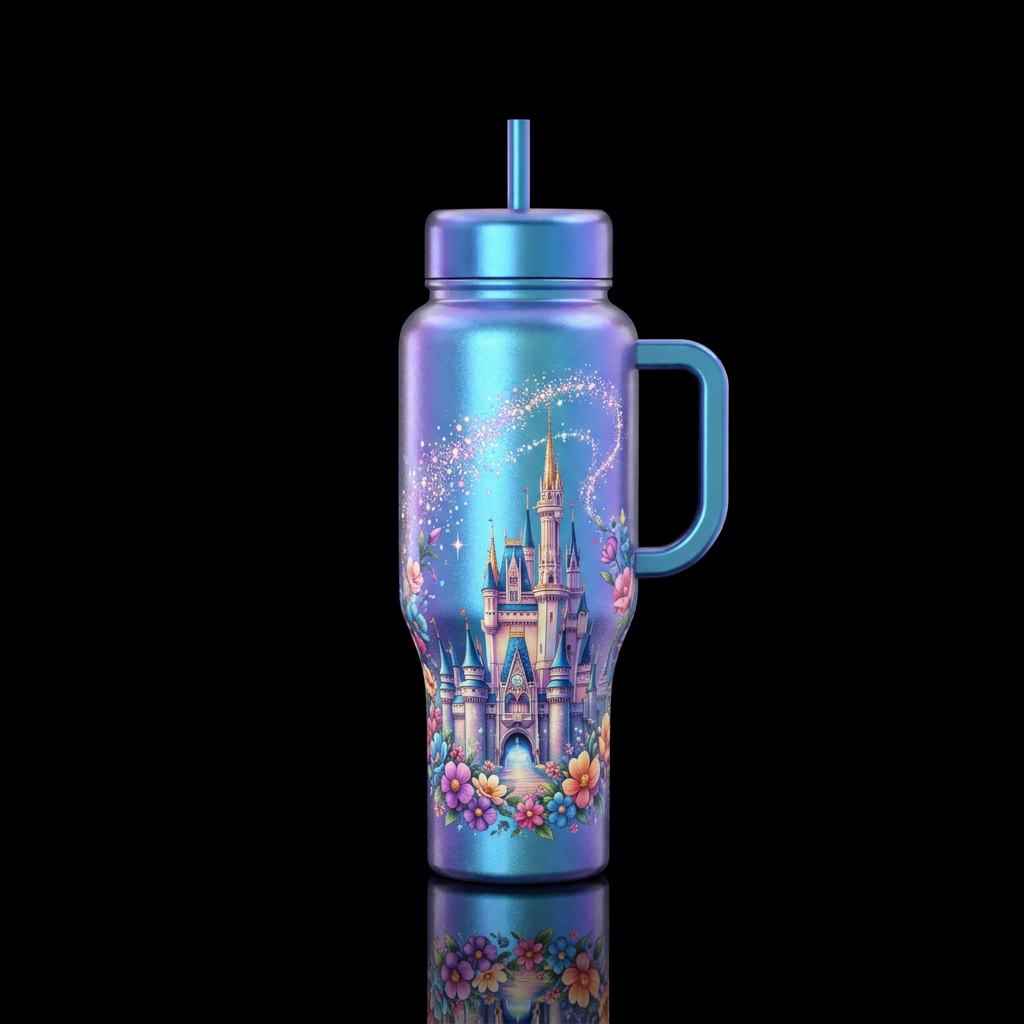 Irradecent blue color bottle with a castle and str... water bottle design