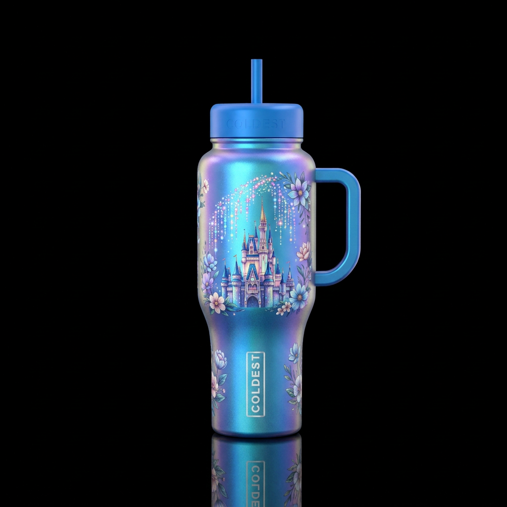 Irradecent blue color bottle with a castle and str... water bottle design