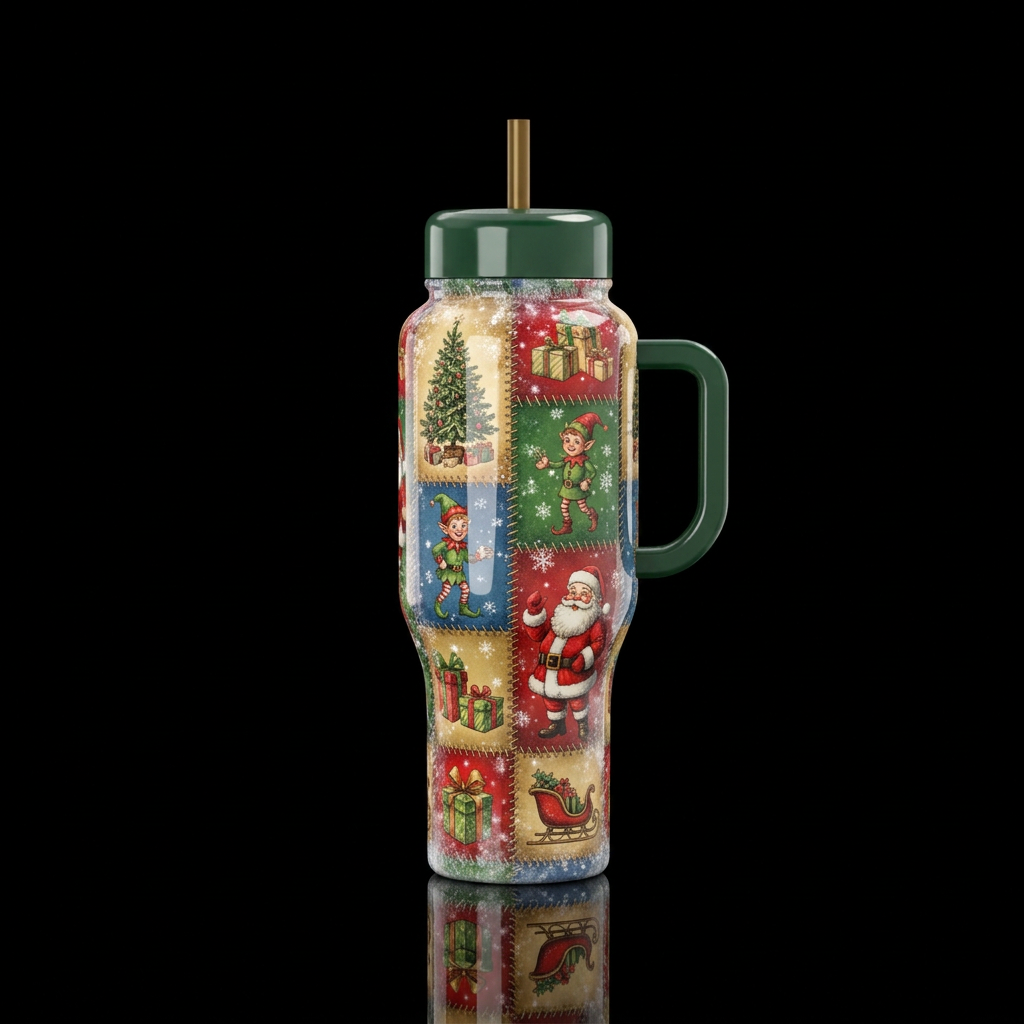Patch work christmas colors all over a shiney bott... water bottle design