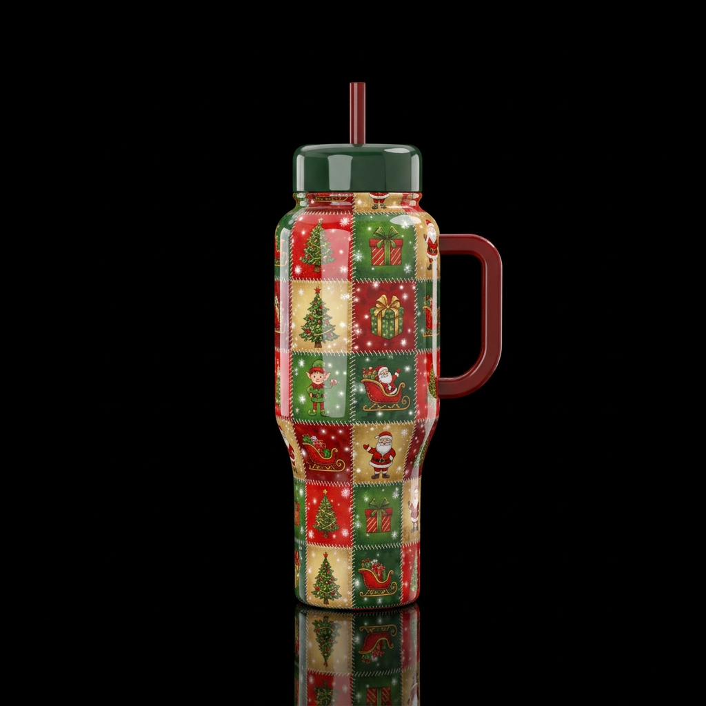 Patch work christmas colors all over a shiney bott... water bottle design