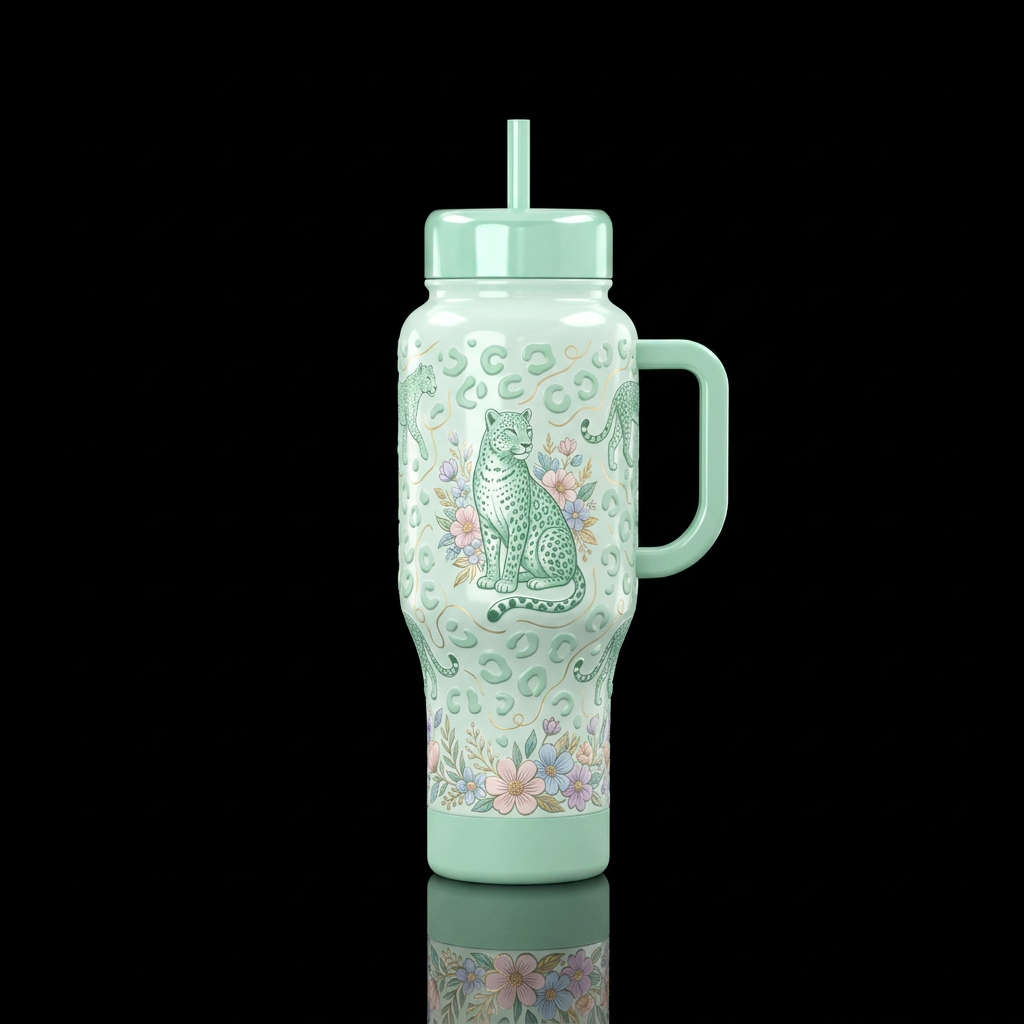 Pale shiney mint green cup with pale mint green le... water bottle design