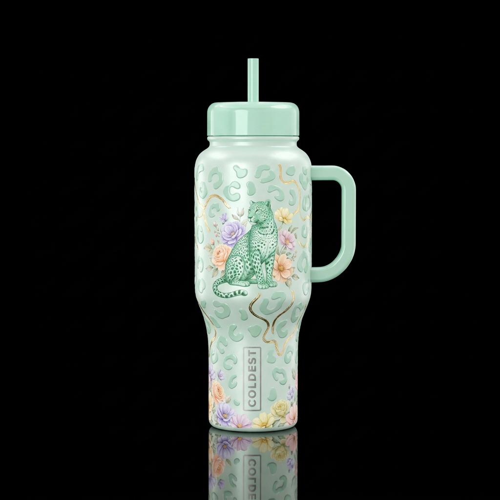 Pale shiney mint green cup with pale mint green le... water bottle design