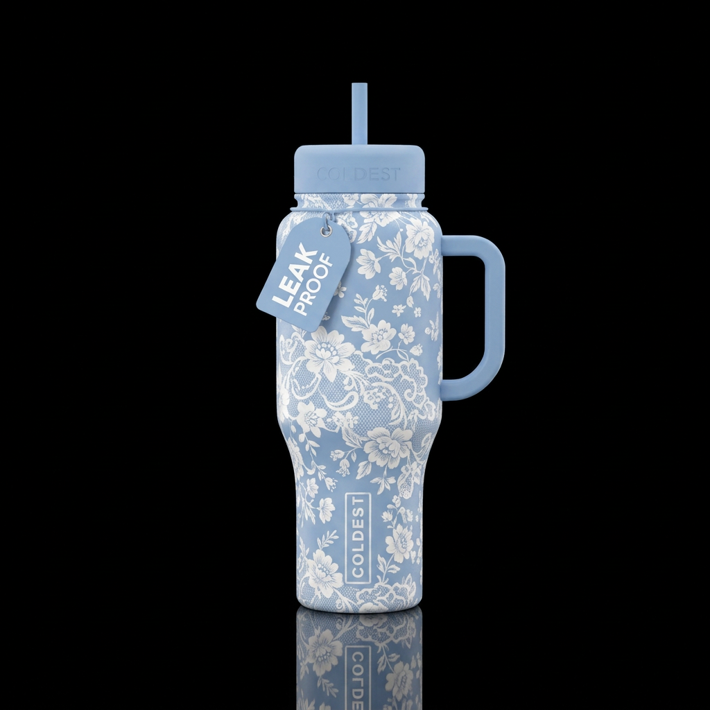 Powder blue bottle cap and handle white floral and... water bottle design