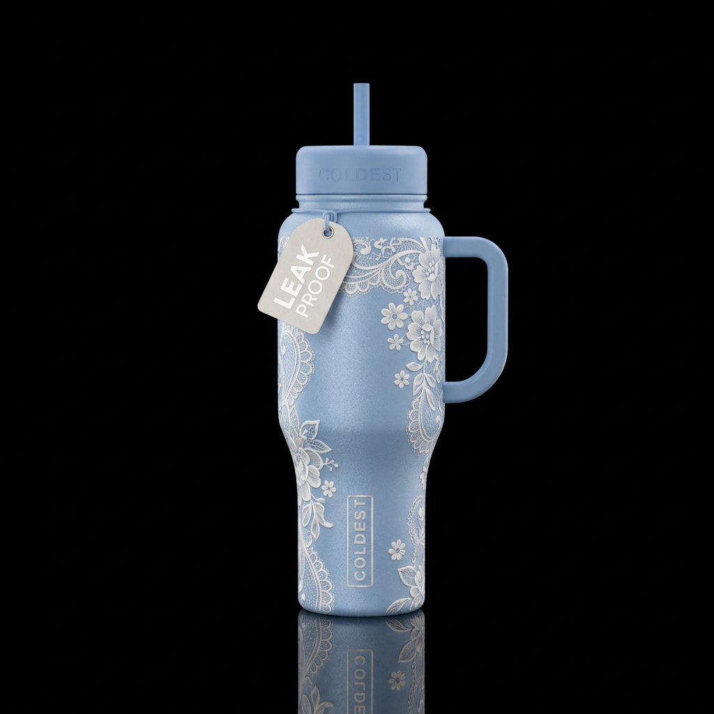 Powder blue bottle cap and handle white floral and... water bottle design