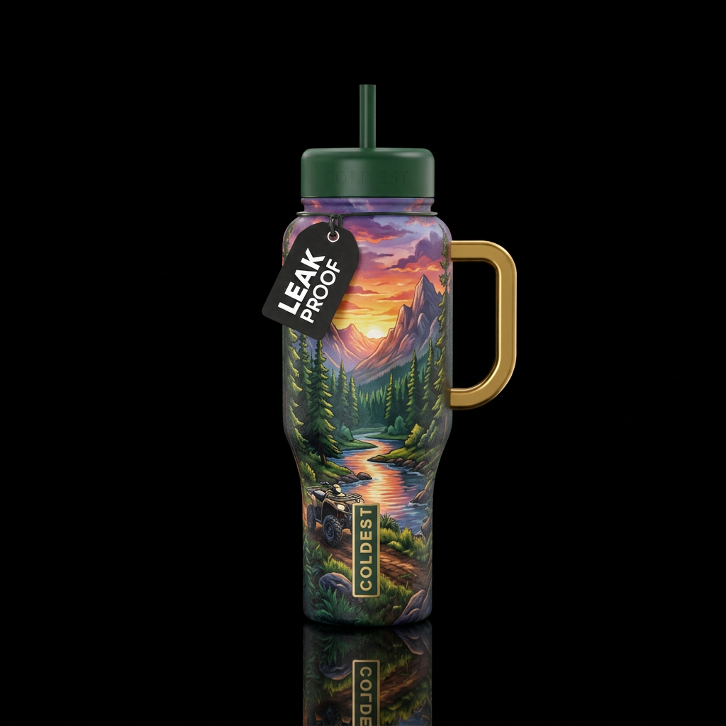 Gold handle, green lid, forest, mountain, sunset, ... water bottle design
