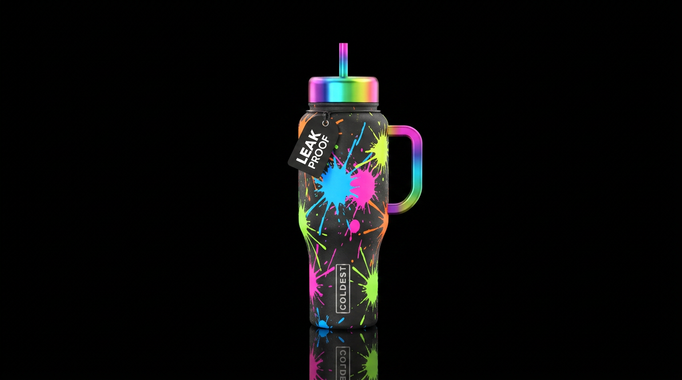 Neon Paint splats, colorful, rainbow, neon rainbow... water bottle design