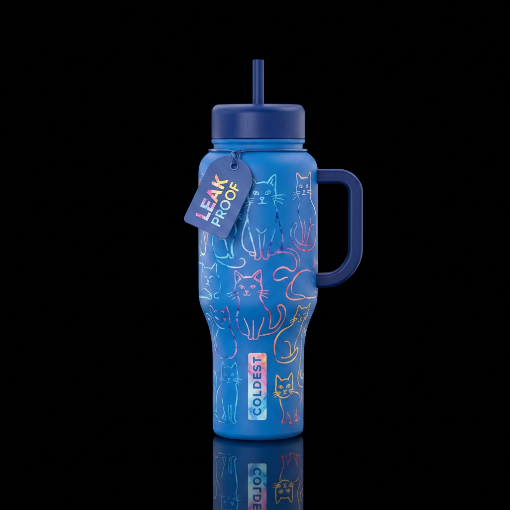 outlines cats, colorful, blue bottle,, watercolor water bottle design