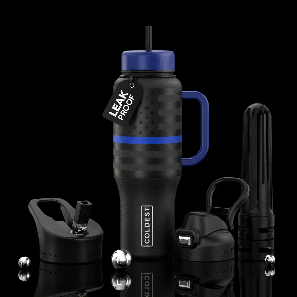 USA black flag with blue stripe water bottle design