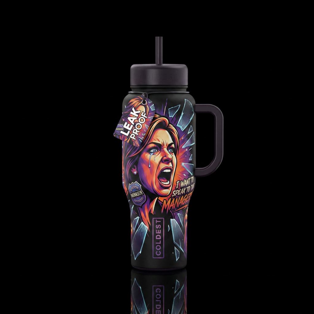 Karen, yelling woman broken glass, tears, manager, water bottle design