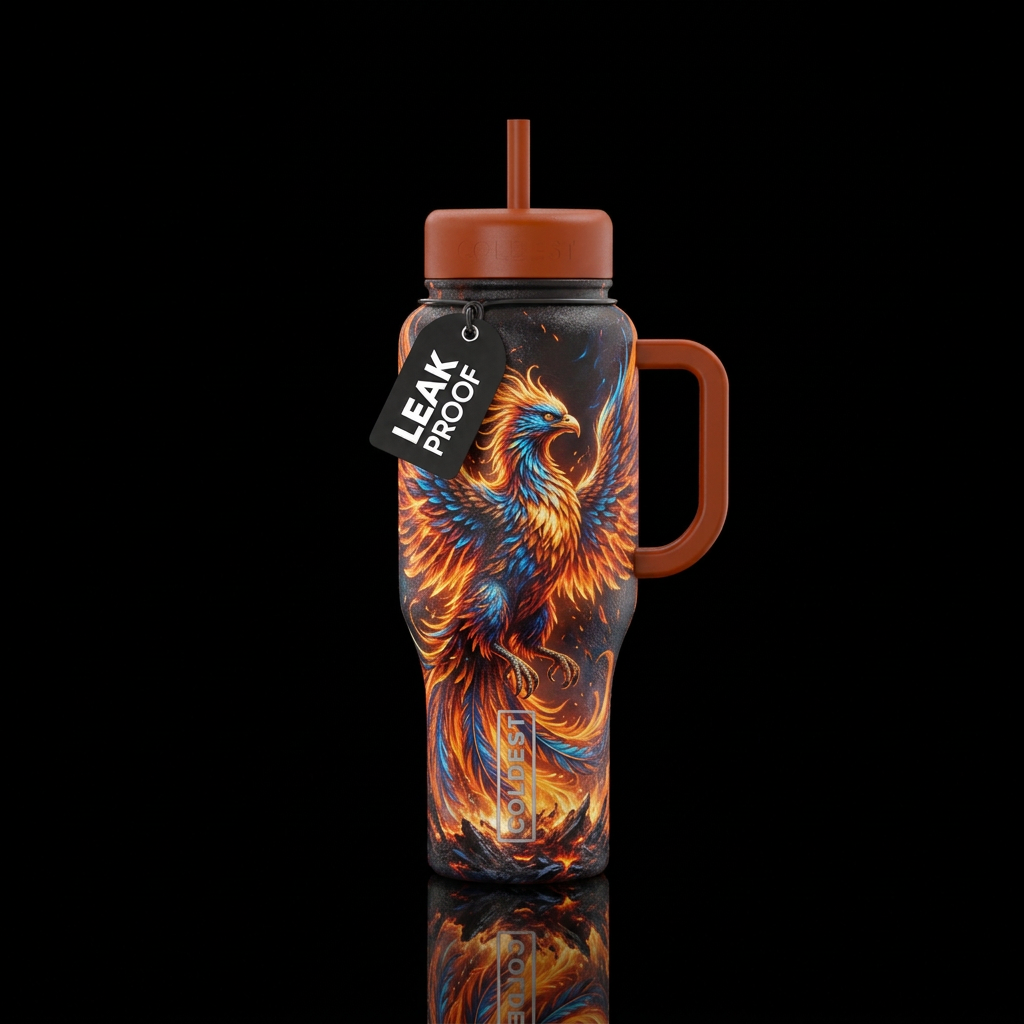 Phoenix on fire, rise from the ashes, feathered, g... water bottle design