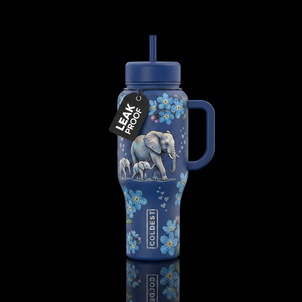 A bottle with "remember me" theme: a mother elepha... water bottle design